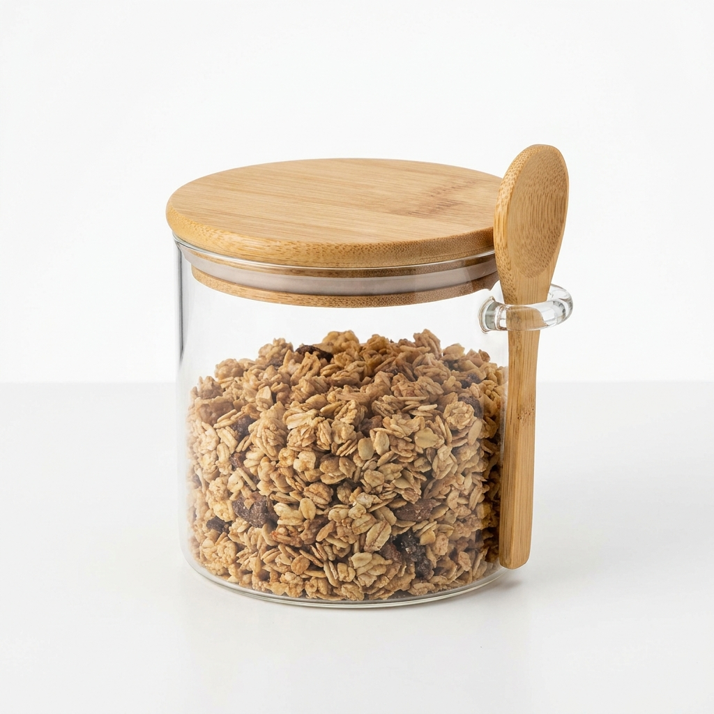 GLASS CANISTER WITH BAMBOO LID AND SPOON