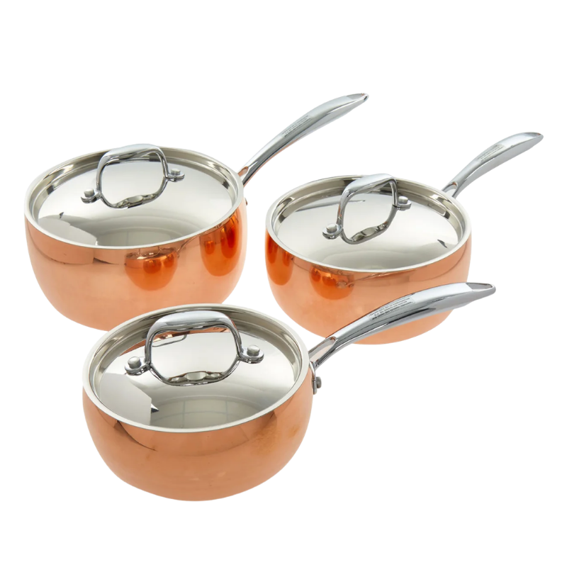 3-Piece Copper Tri-Ply Cookware Set with Stainless Steel Lids